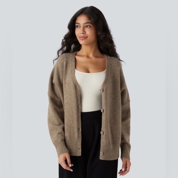 HALARA OVERSIZED V NECK CARDIGAN SWEATER IN SEPIA TINT L - Picture 1 of 9
